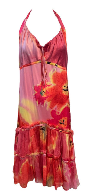  Roberto Cavalli Y2K Red Lily Print Silk Halter Dress FRONT 1 of 6