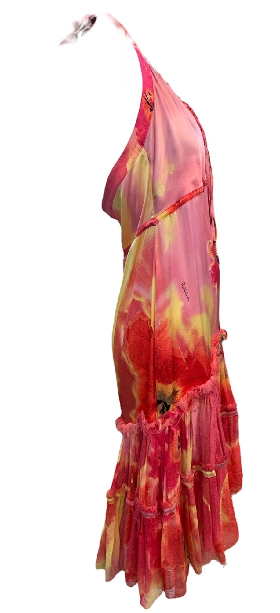  Roberto Cavalli Y2K Red Lily Print Silk Halter Dress SIDE 2 of 6