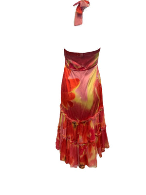  Roberto Cavalli Y2K Red Lily Print Silk Halter Dress BACK 3 of 6