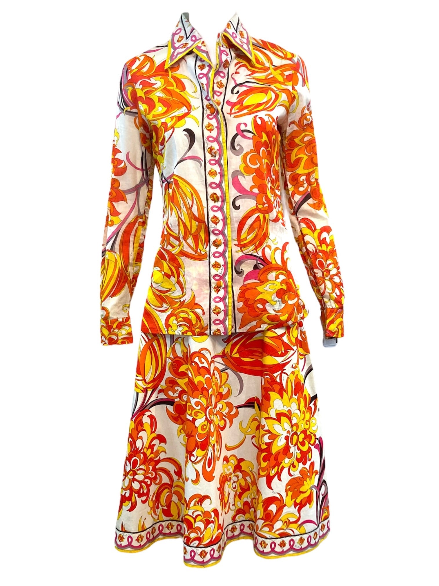 Pucci 70s 2 Piece Cotton Ensemble in Psychedelic Orange and Red Print FRONT 1 of 7