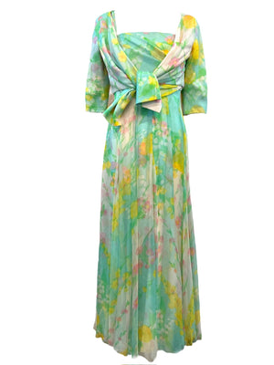 Sophie of Saks Pastel Watercolor Silk Floral Chiffon Gown with Matching Jacket FRONT 1 of 8