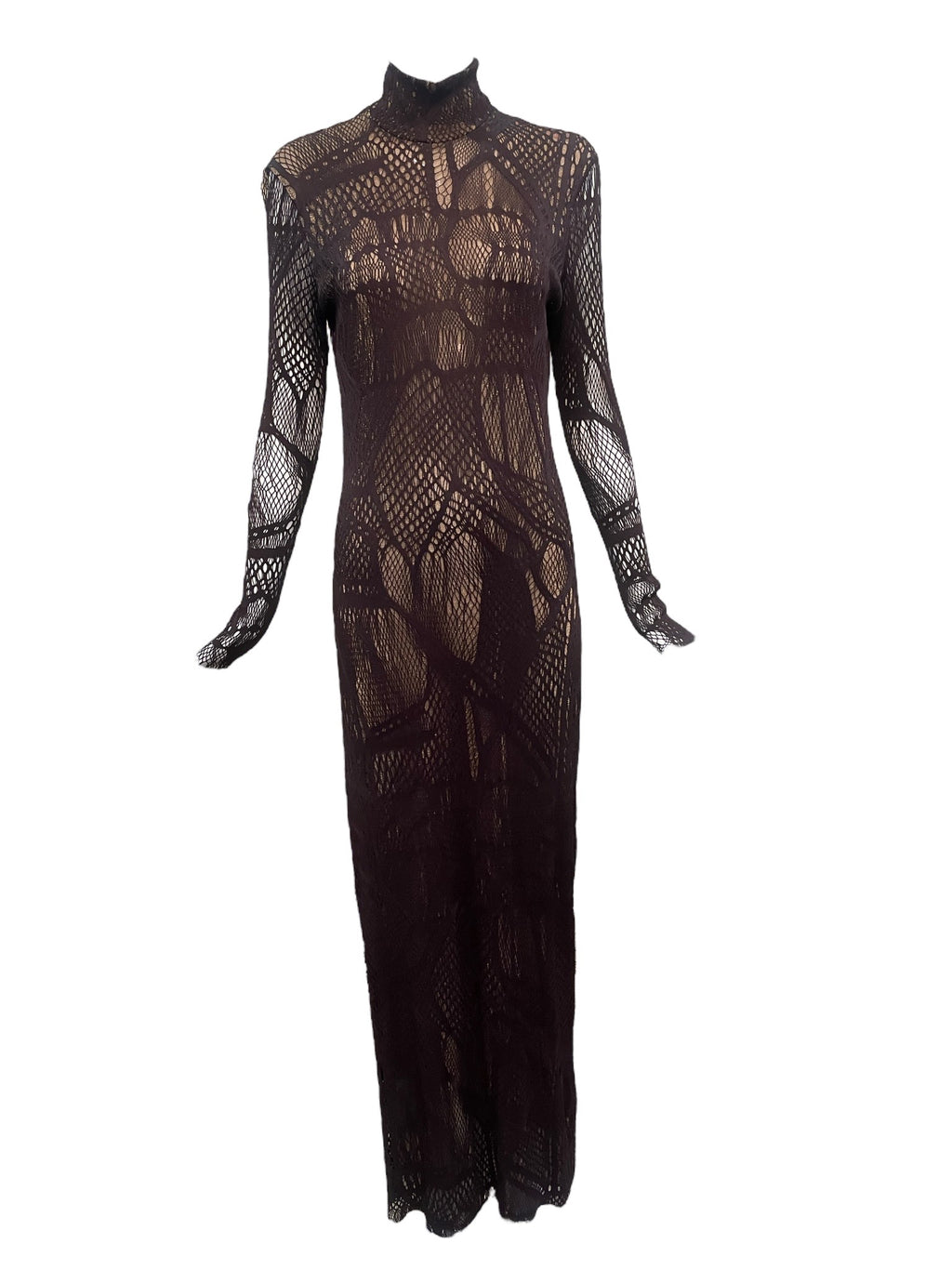 Christian Lacroix 90s Brown Mesh Gown with Cut Outs over Gold Lurex FRONT 1 of 6