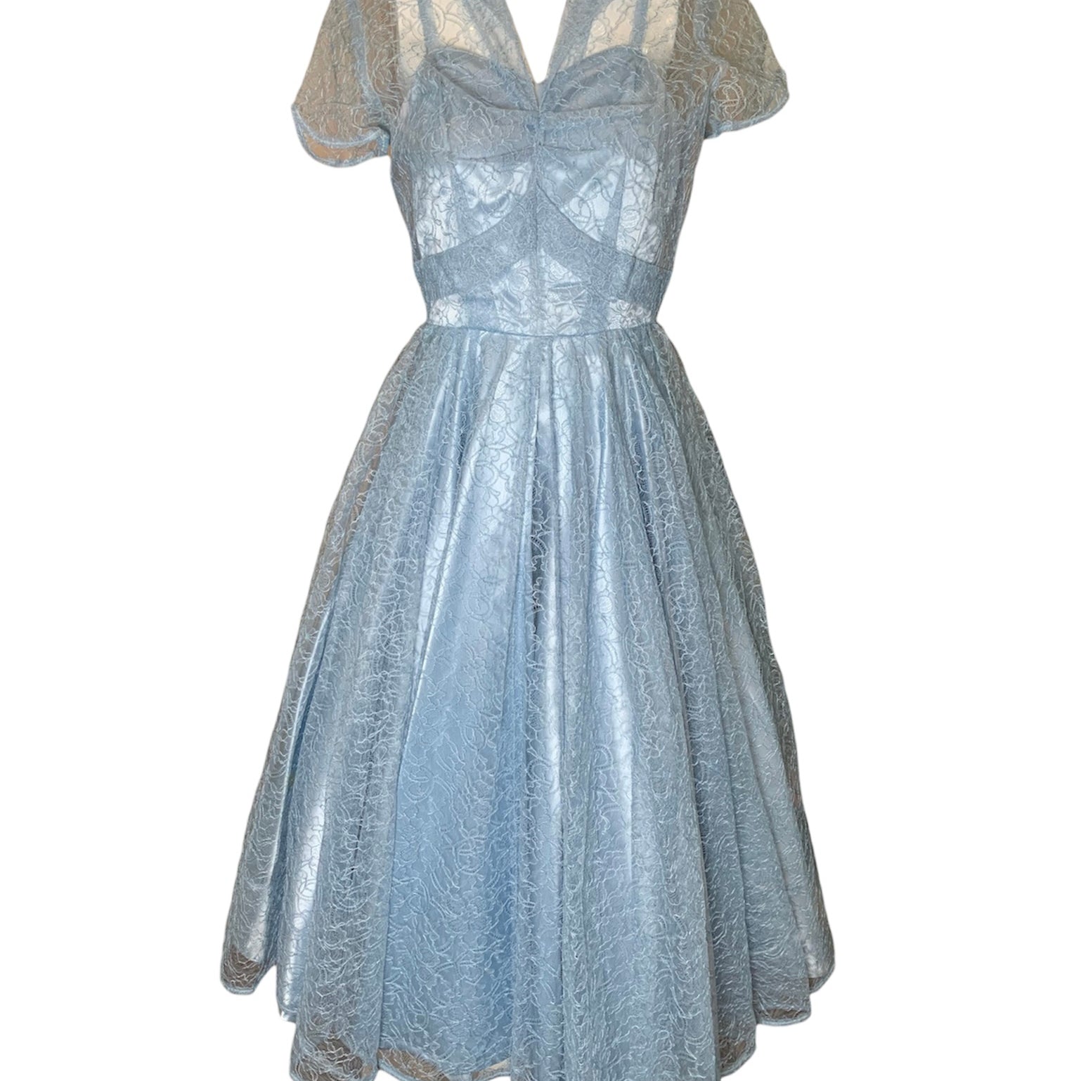  Ice Blue Lace and Satin Fit and Flare Party Dress FRONT 1 of 5