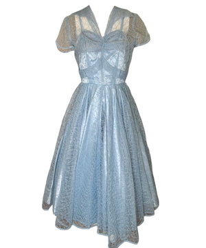  Ice Blue Lace and Satin Fit and Flare Party Dress FRONT 1 of 5