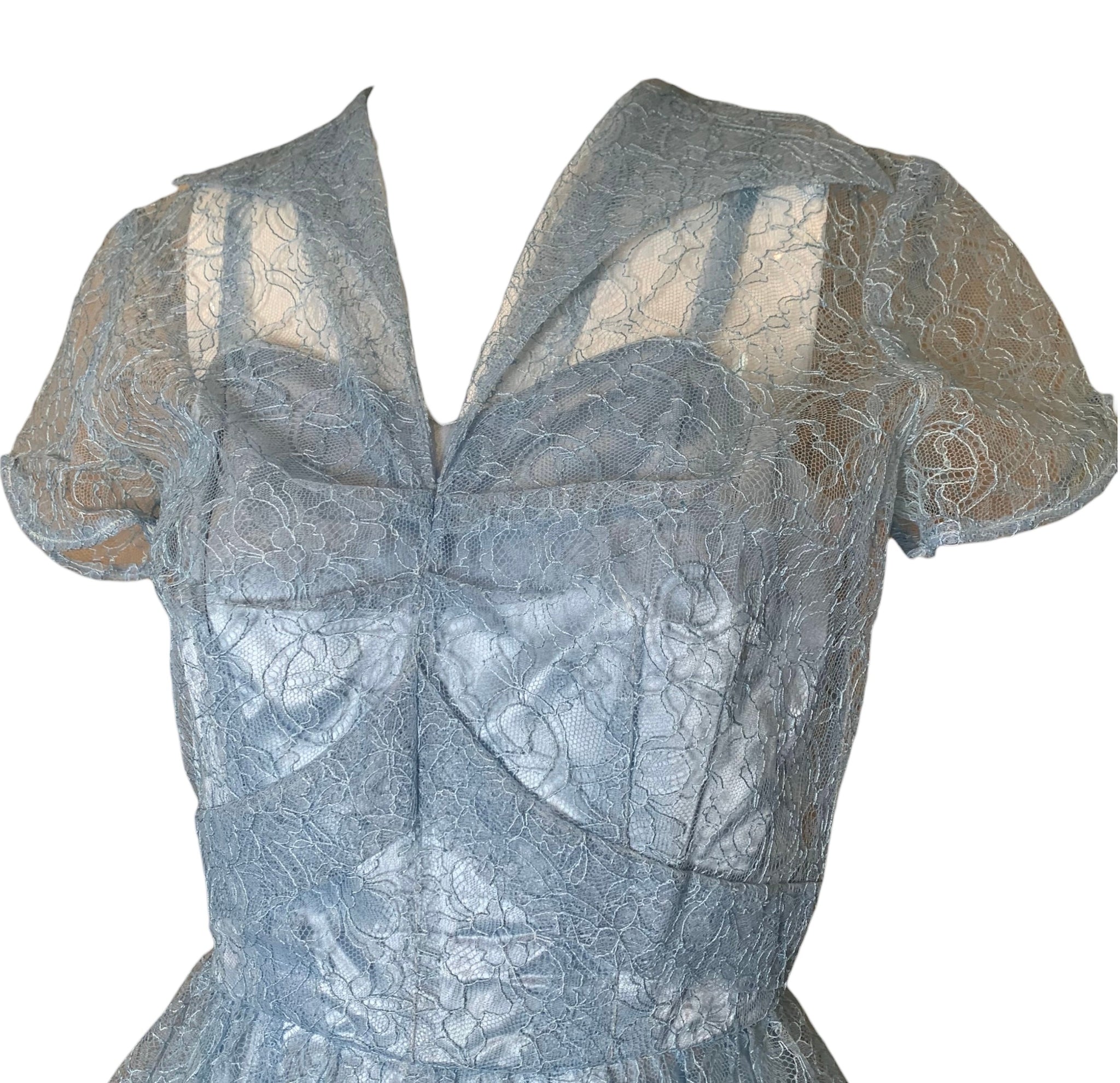  Ice Blue Lace and Satin Fit and Flare Party Dress BODICE 4 of 5