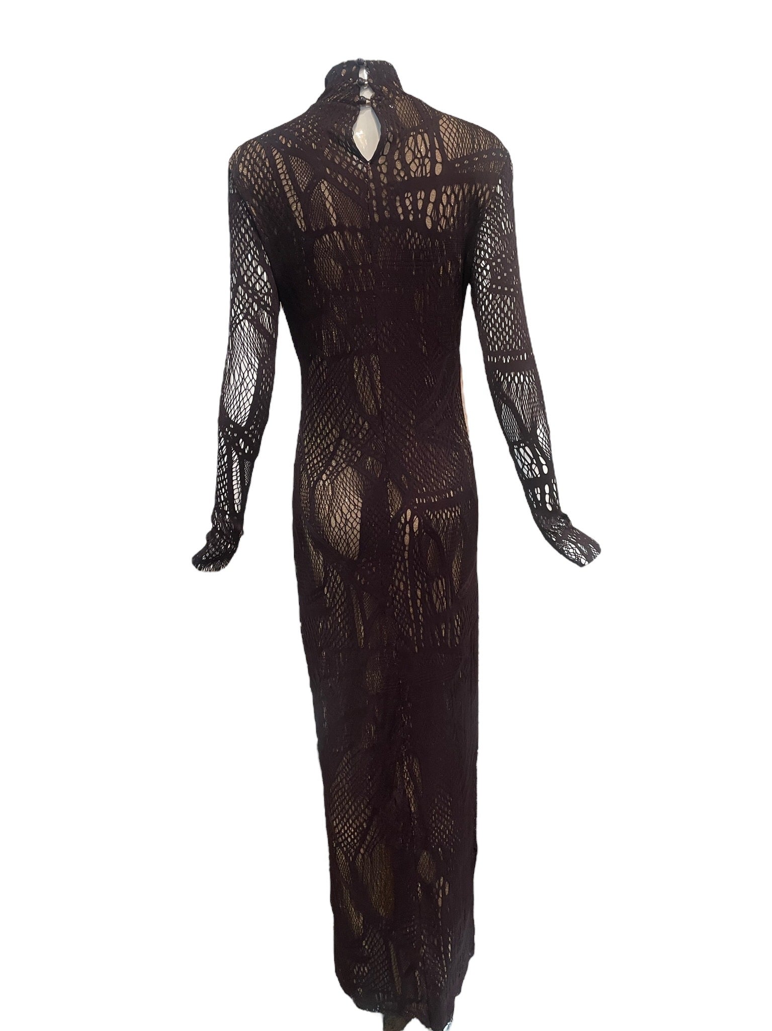 Christian Lacroix 90s Brown Mesh Gown with Cut Outs over Gold Lurex BACK 3 of 6