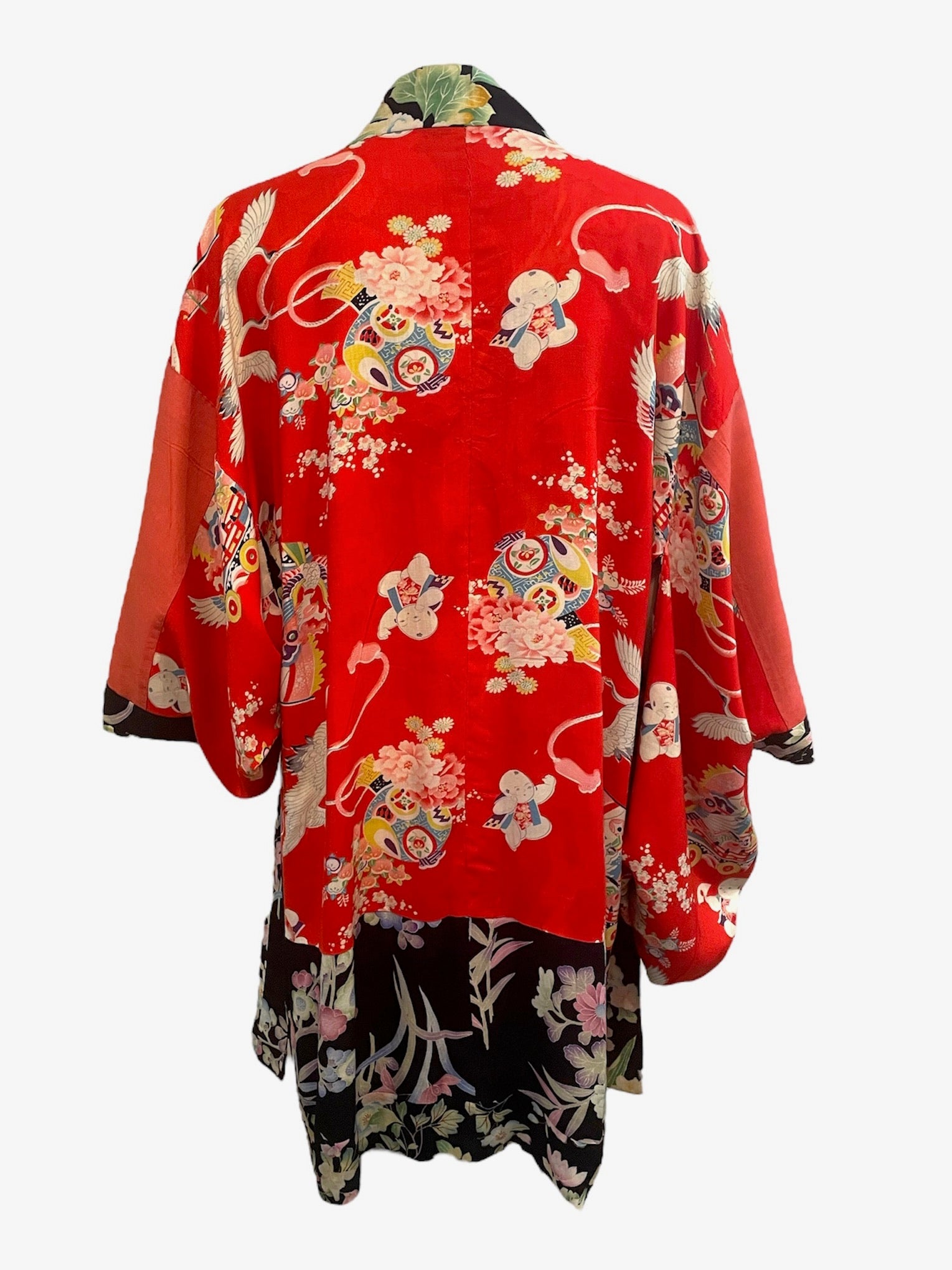 Black Cotton Pastel Floral Haori Kimono LINING 4 of 4