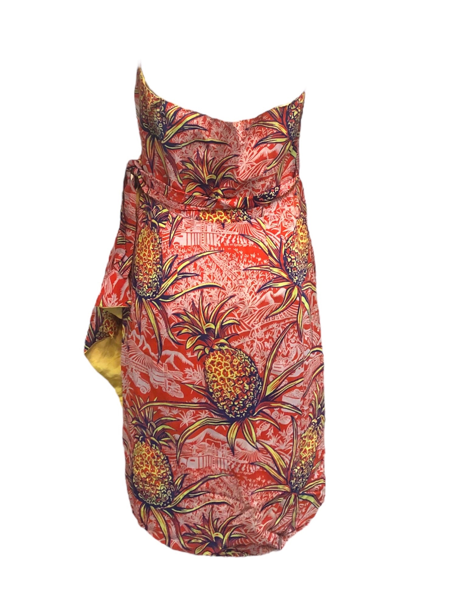 40s Rayon Red Hawaiian Pineapple Print Wrap Dress BACK 3 of 4