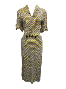 40s Noirish Grey Rayon Geo Print Day Dress FRONT 1 of 4