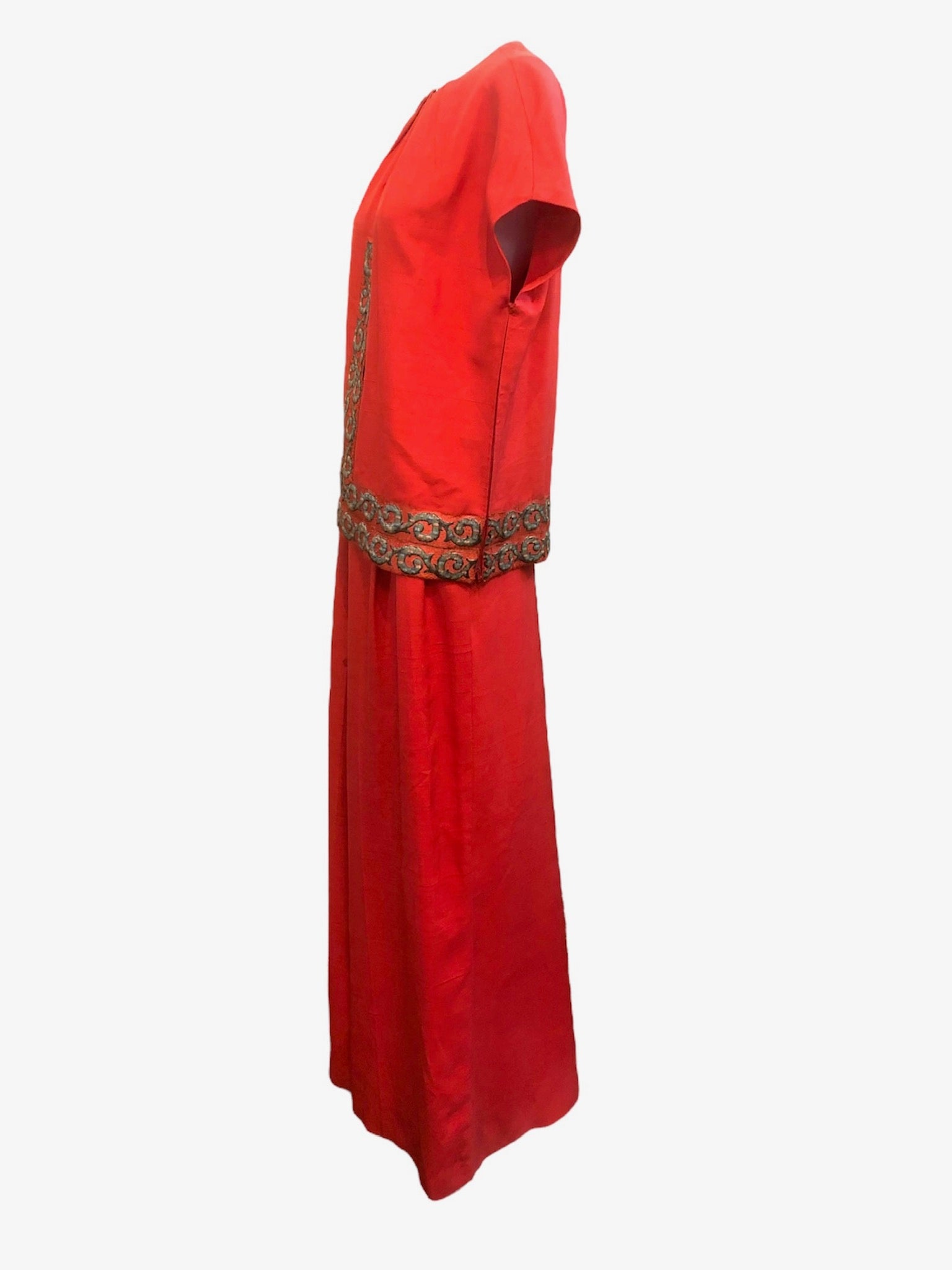 Eleanora Garnett 60s Red Hostess Pantsuit with Gold Lame Jacquard Trim SIDE 2 of 7