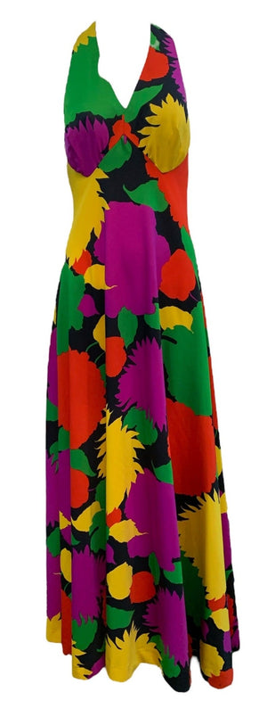 I. Magnin 70s Rainbow Graphic Print Halter Maxi Dress FRONT 1 of 5