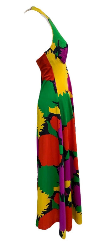 I. Magnin 70s Rainbow Graphic Print Halter Maxi Dress SIDE 2 of 5
