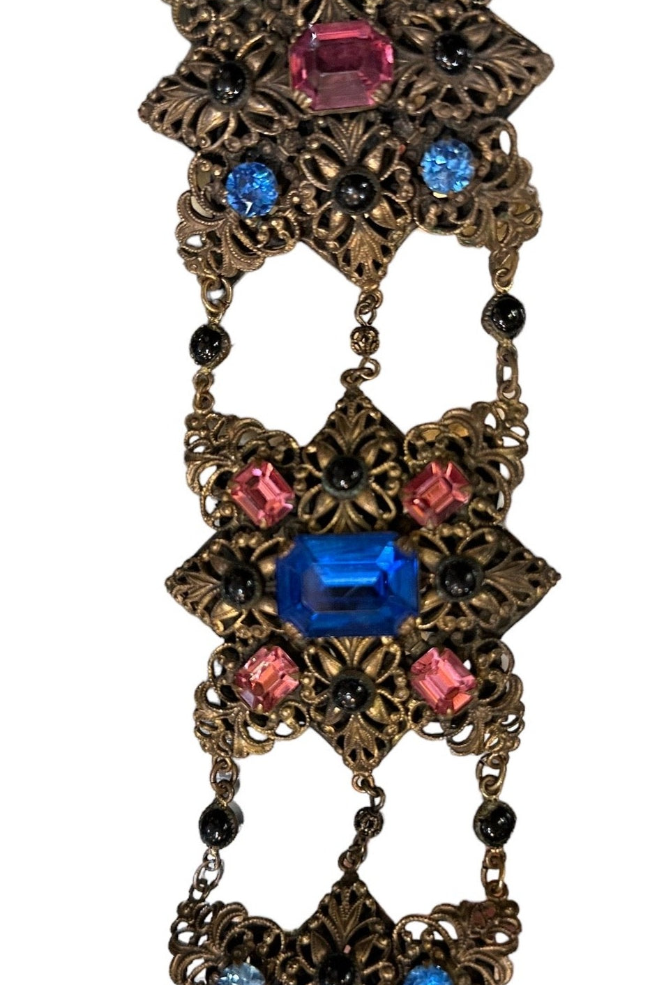 20s Interesting Pink and Blue Stone Filigree Bracelet FRONT 1 of 3