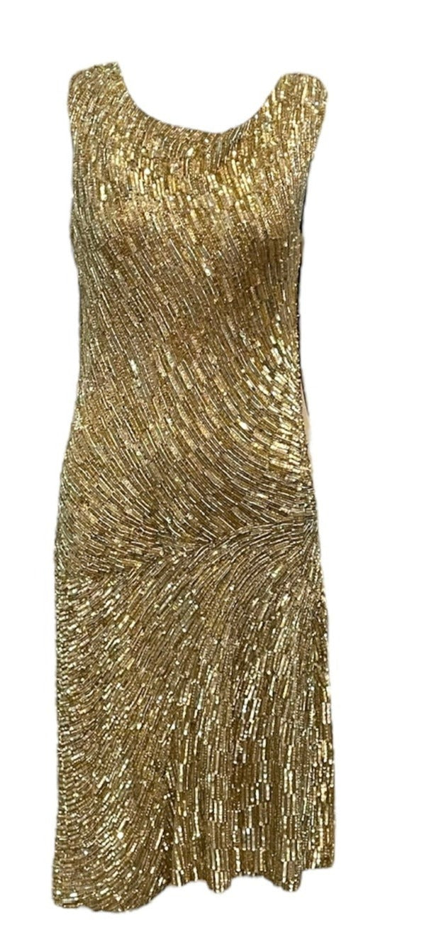 Monica Lhuillier 2000s Gold Sequin Beaded Cocktail Dress FRONT 1 of 5