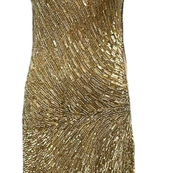 Monica Lhuillier 2000s Gold Sequin Beaded Cocktail Dress FRONT 1 of 5