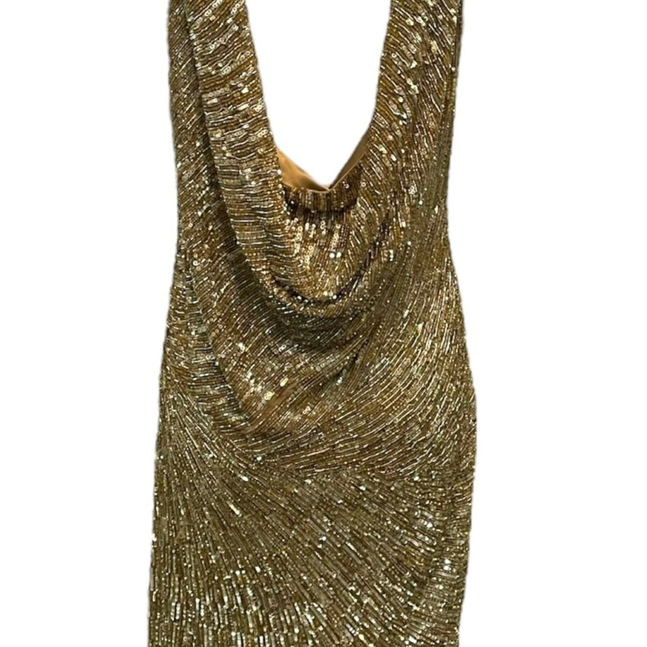 Monica Lhuillier 2000s Gold Sequin Beaded Cocktail Dress BACK 2 of 5