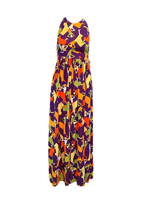 70s Purple Poly Halter Maxi Dress with Whimsical Print FRONT 1 of 6