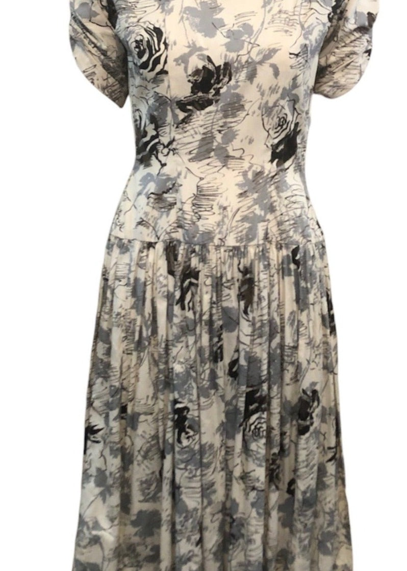  1950's Cotton Day Dress with Squiggle Rose Print FRONT 1 of 4