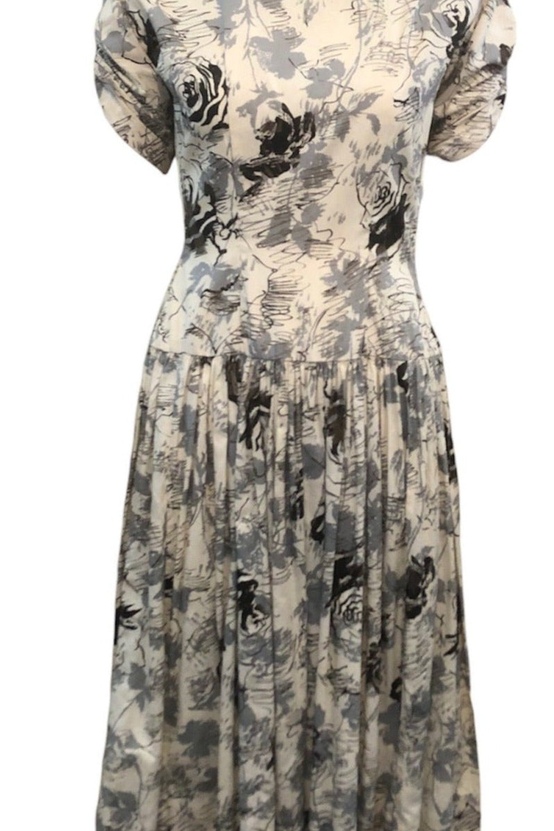  1950's Cotton Day Dress with Squiggle Rose Print FRONT 1 of 4