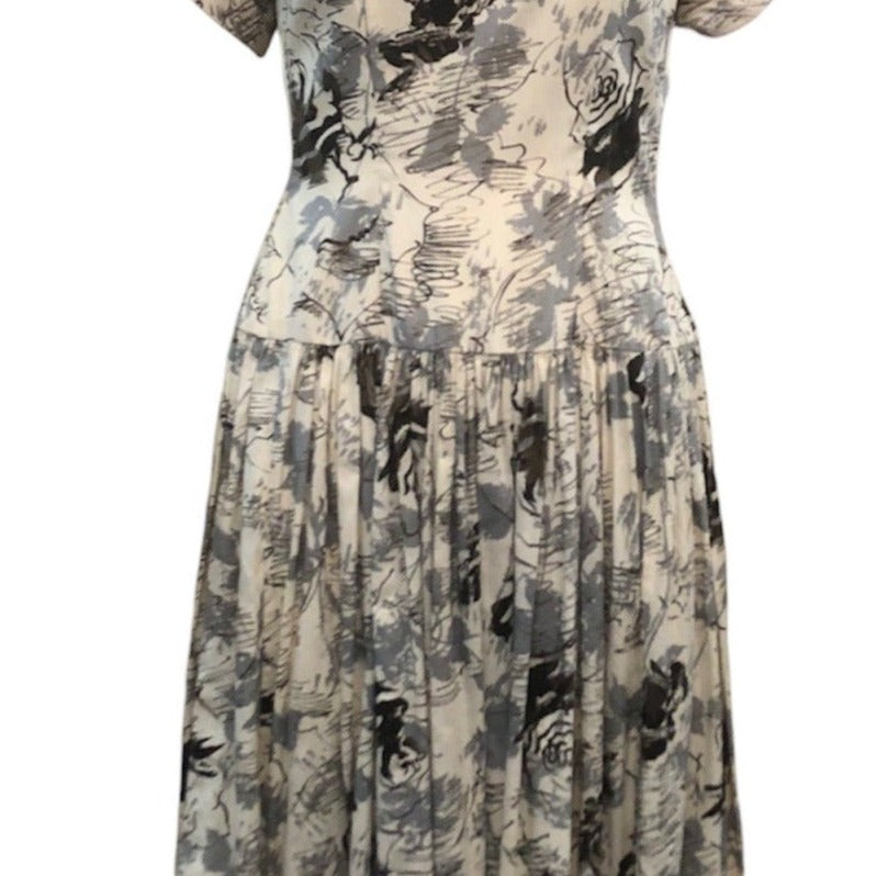  1950's Cotton Day Dress with Squiggle Rose Print FRONT 1 of 4