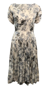  1950's Cotton Day Dress with Squiggle Rose Print FRONT 1 of 4