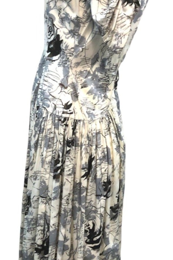 1950's Cotton Day Dress with Squiggle Rose Print 1950's Cotton Day Dress with Squiggle Rose Print