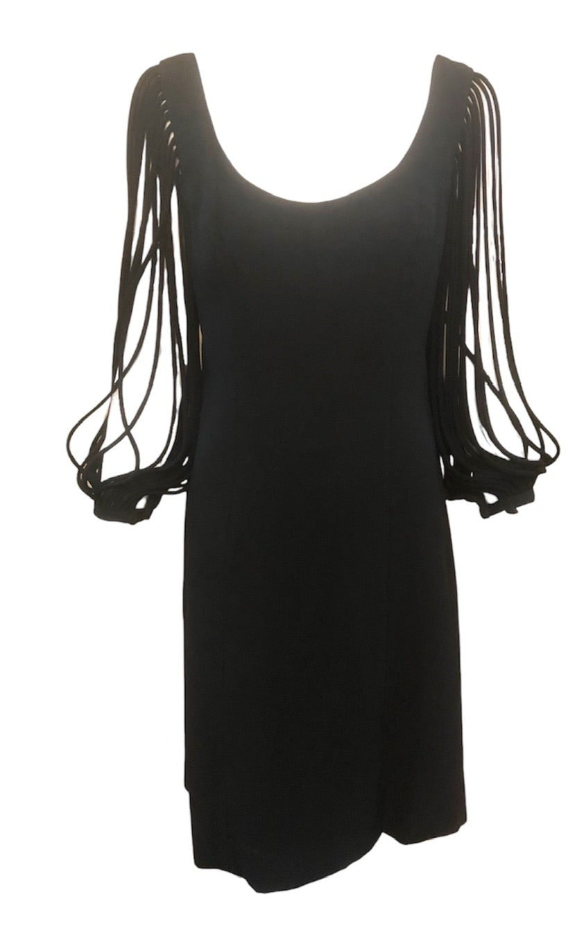  60s Black Crepe Cocktail Dress with Cage Sleeves FRONT 1 of 3