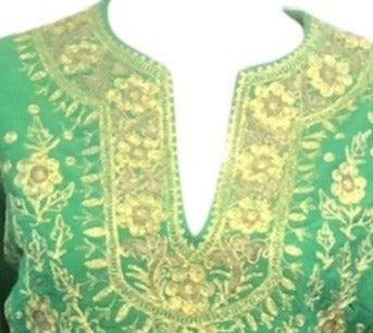 Helene Arpels 70s Hand Woven Grass Green Silk Embroidered Caftan DETAILS 4 of 5