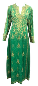 Helene Arpels 70s Hand Woven Grass Green Silk Embroidered Caftan FRONT 1 of 5