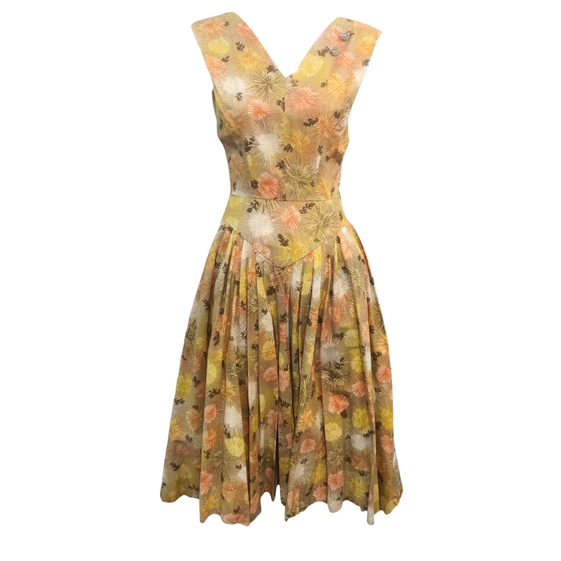 Har Gee of Florida 1950's Yellow Cotton Dress with Exploding Dandelion Print  FRONT 1 of 5