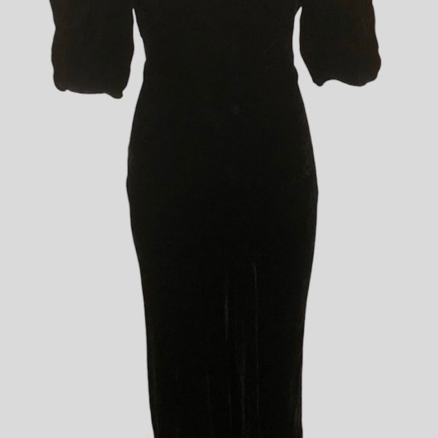  30s Black Silk Velvet Bias Cut Gown with Gold Lame Accents FRONT 1 of 5