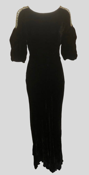  30s Black Silk Velvet Bias Cut Gown with Gold Lame Accents FRONT 1 of 5