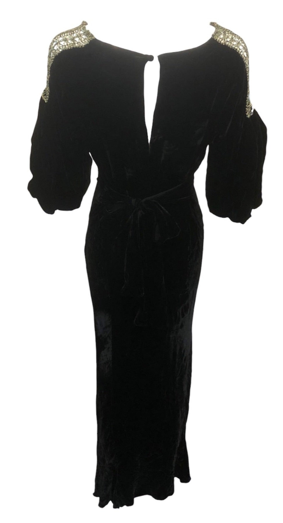  30s Black Silk Velvet Bias Cut Gown with Gold Lame Accents BACK 3 of 5