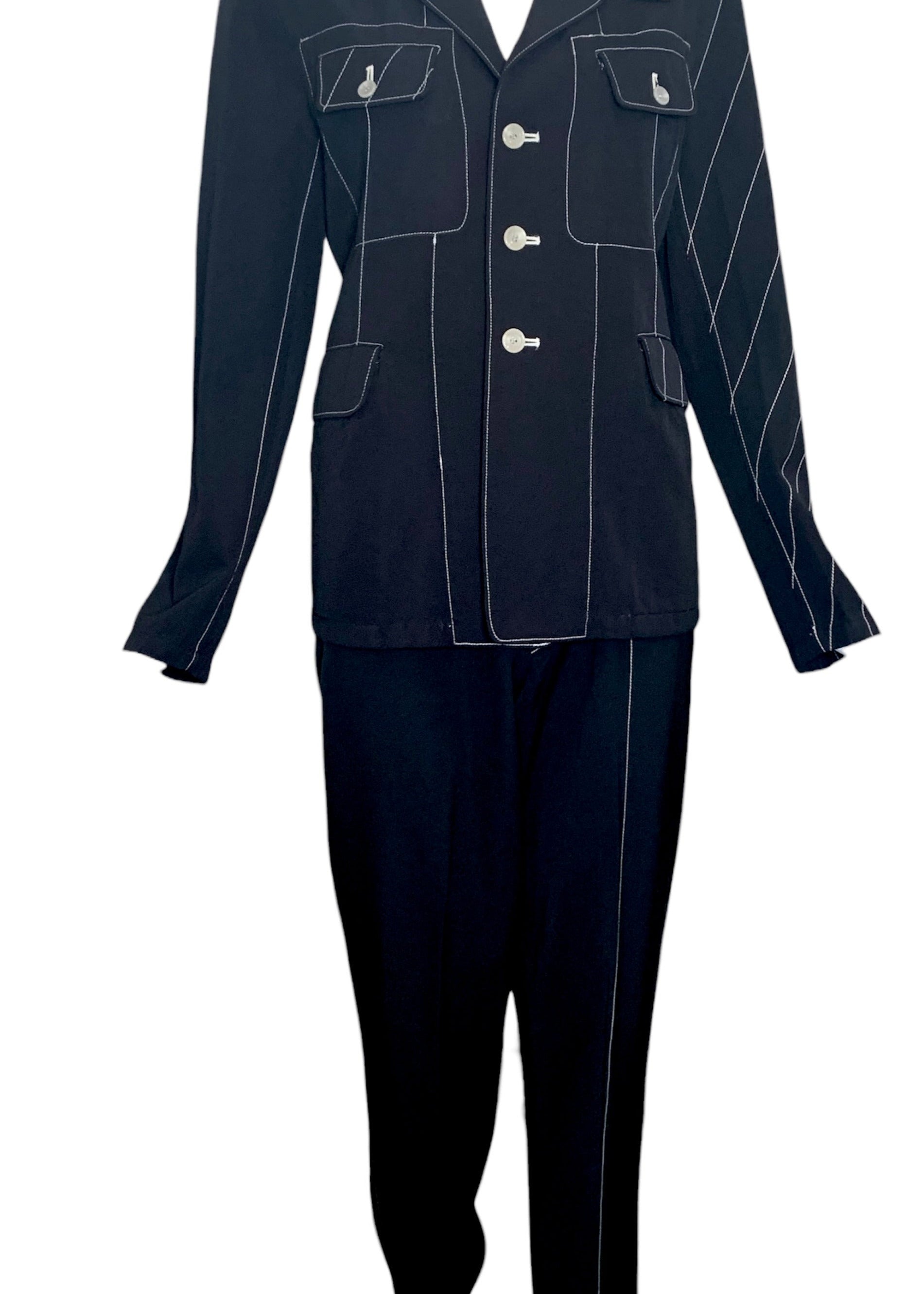  Yohji Yamamoto 90s Black Pant Suit Ensemble with White Contrast Stitching FRONT 1 of 6