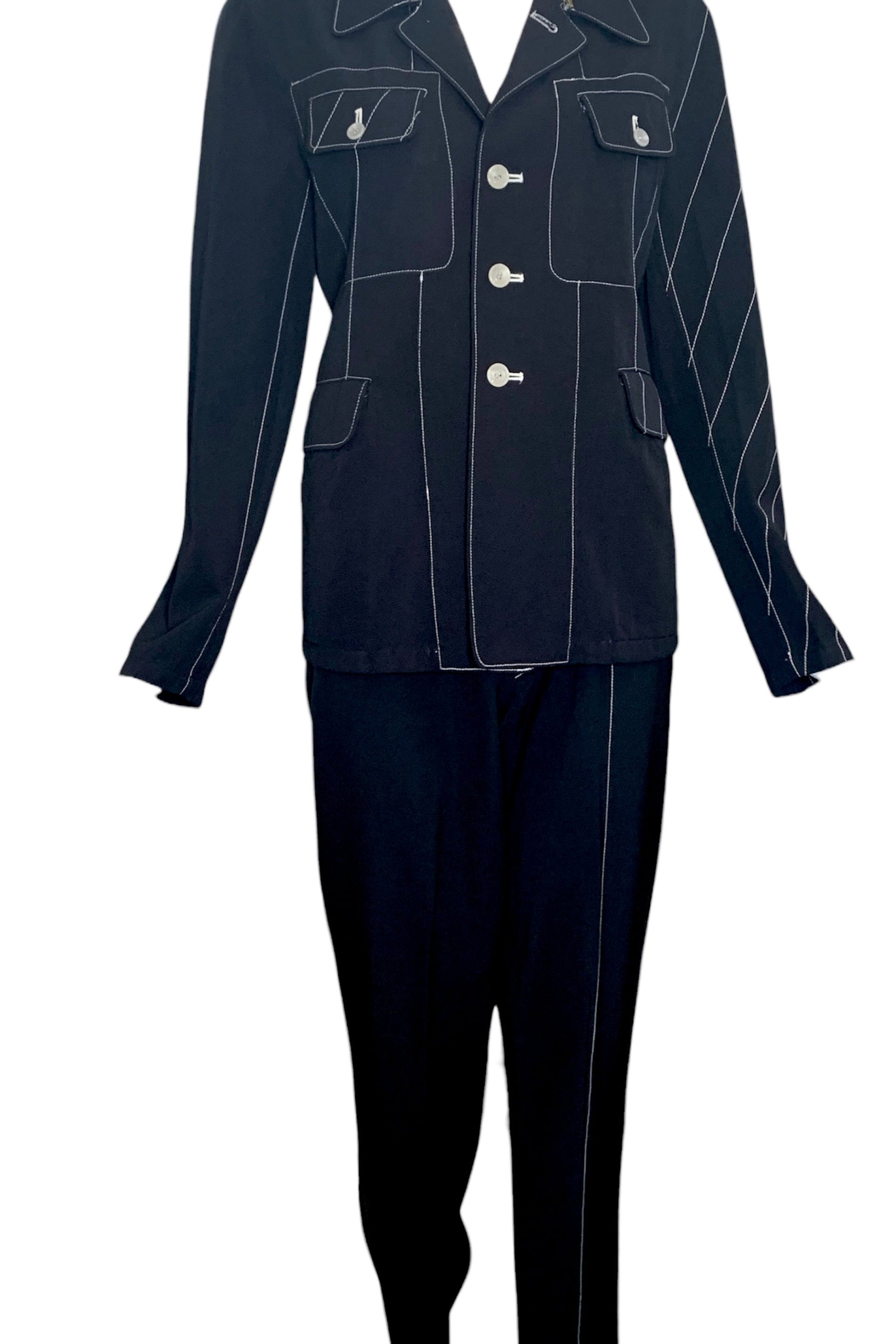  Yohji Yamamoto 90s Black Pant Suit Ensemble with White Contrast Stitching FRONT 1 of 6