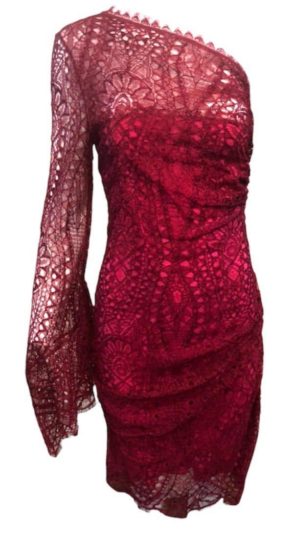 Emilio Pucci 2000's Raspberry Red One Shoulder Lace Mini Dress THE WAY WE WORE Emilio Pucci 2000's Raspberry Red One Shoulder Lace Mini Dress THE WAY WE WORE