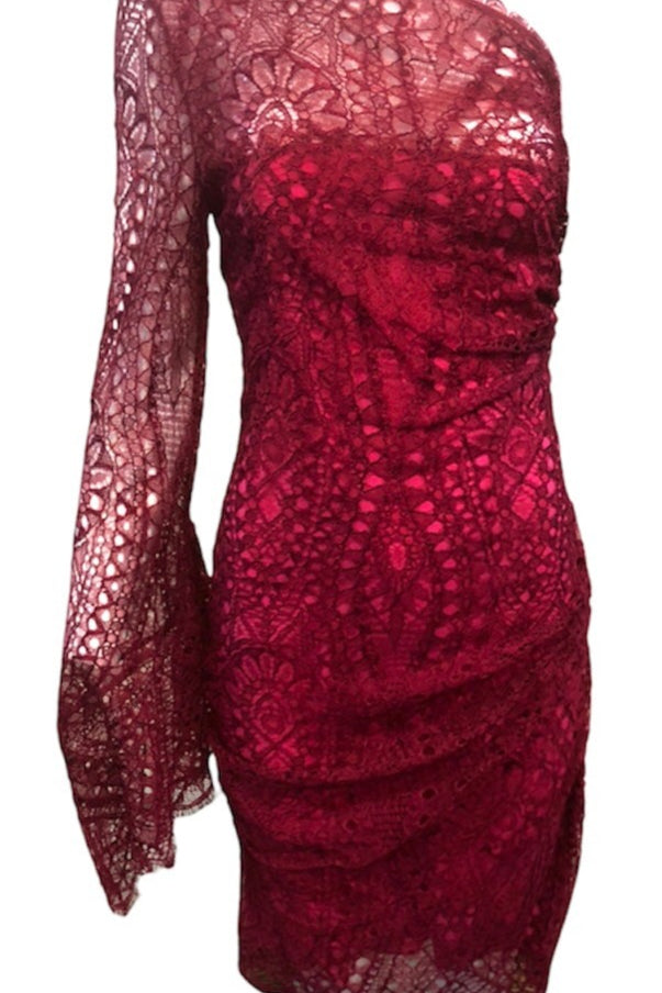 Emilio Pucci 2000's Raspberry Red One Shoulder Lace Mini Dress THE WAY WE WORE Emilio Pucci 2000's Raspberry Red One Shoulder Lace Mini Dress THE WAY WE WORE