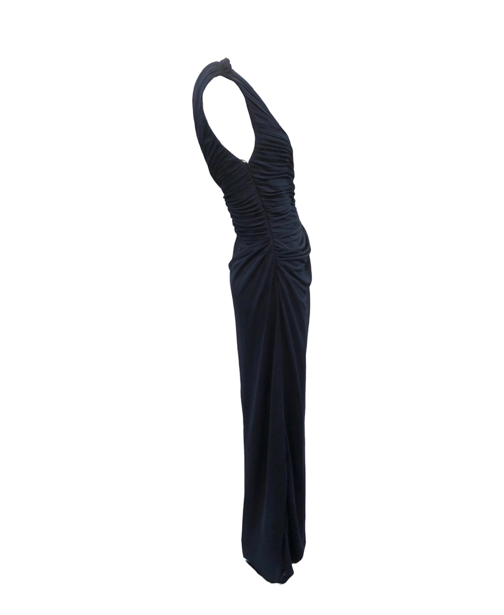 J Mendel Contemporary Deep Blue Jersey One Shoulder Gown  SIDE 2 of 5