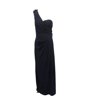 J Mendel Contemporary Deep Blue Jersey One Shoulder Gown FRONT 1 of 5