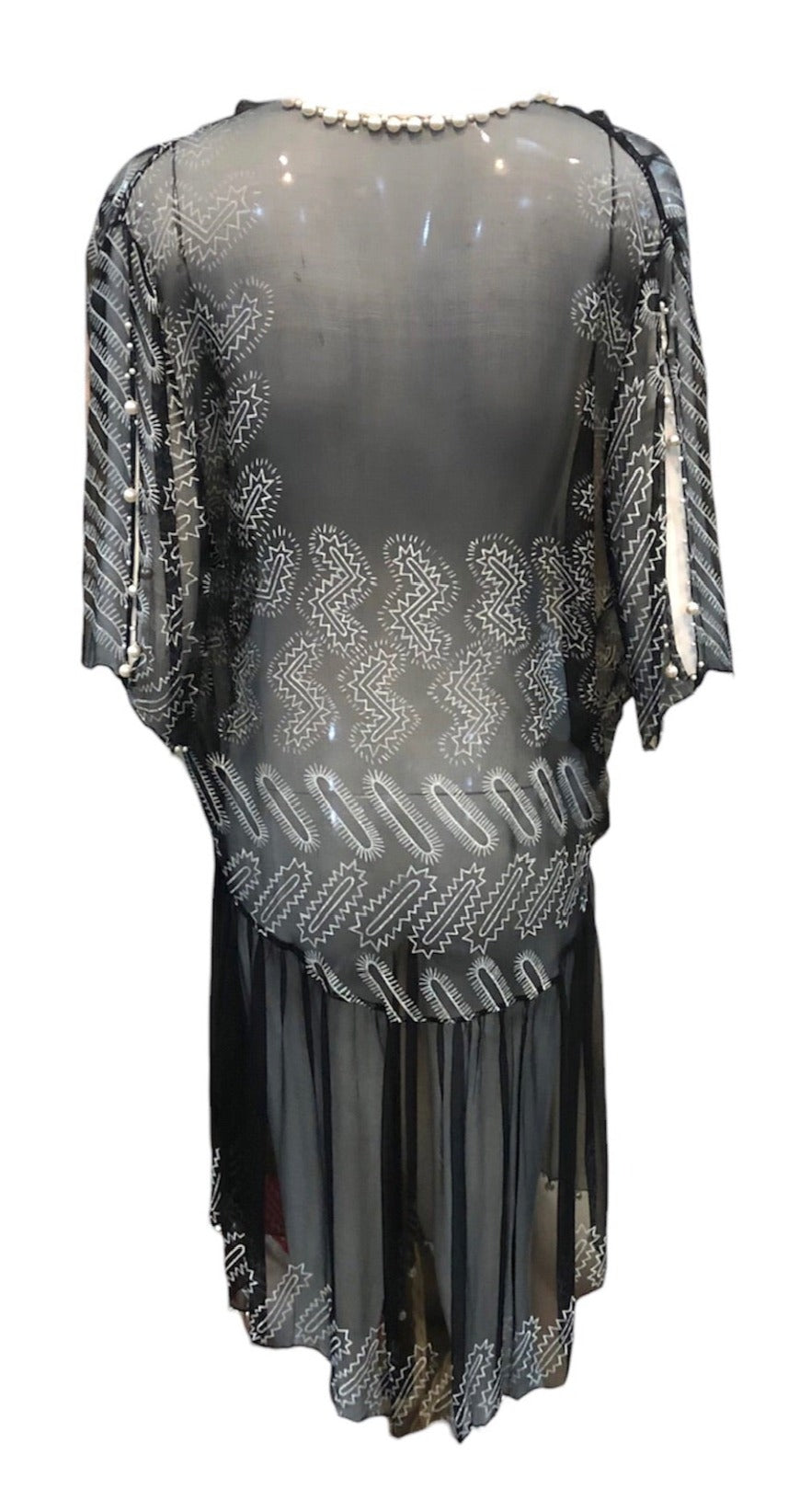   Zandra Rhodes 80s Black Chiffon Dress Trimmed with Pearls and RhinestonesBACK 3 of 7