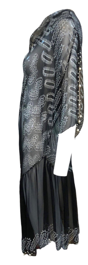  Zandra Rhodes 80s Black Chiffon Dress Trimmed with Pearls and RhinestonesSIDE 2 of 7