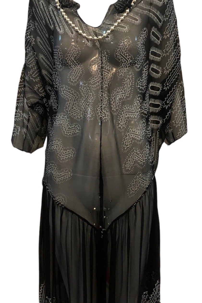   Zandra Rhodes 80s Black Chiffon Dress Trimmed with Pearls and RhinestonesFRONT 1 of 7