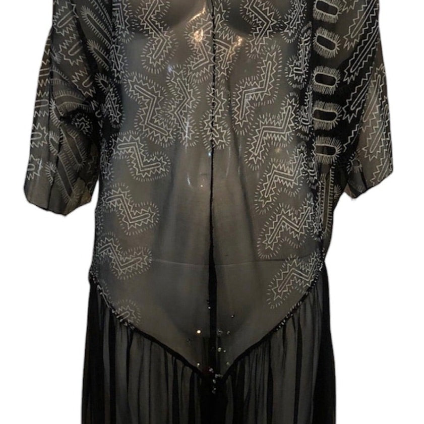   Zandra Rhodes 80s Black Chiffon Dress Trimmed with Pearls and RhinestonesFRONT 1 of 7