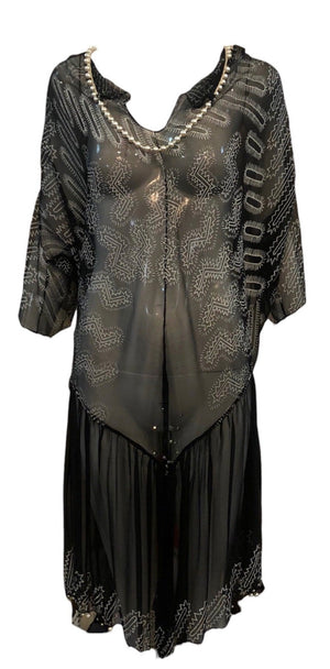   Zandra Rhodes 80s Black Chiffon Dress Trimmed with Pearls and RhinestonesFRONT 1 of 7