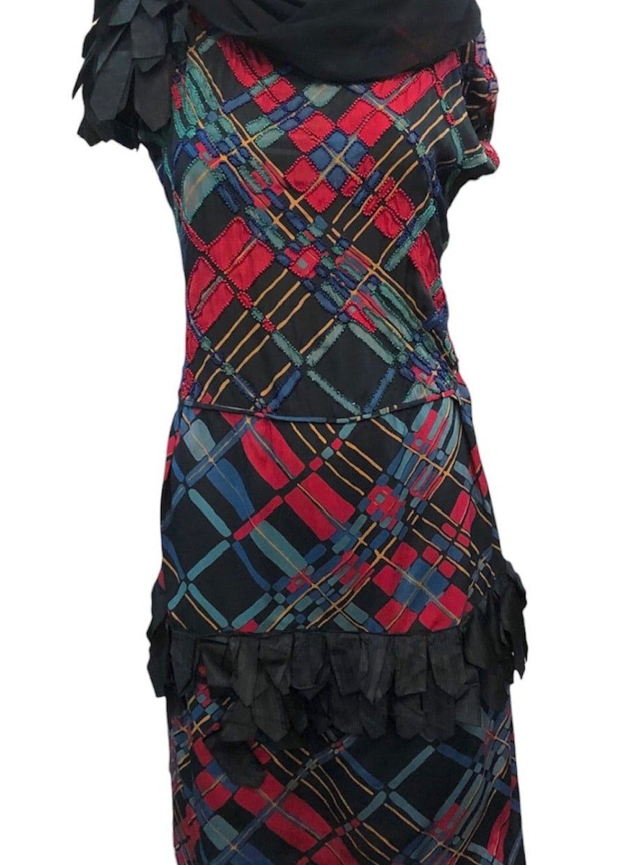 20s Flapper Plaid Beaded Chiffon Party Dress FRONT 1 of 6