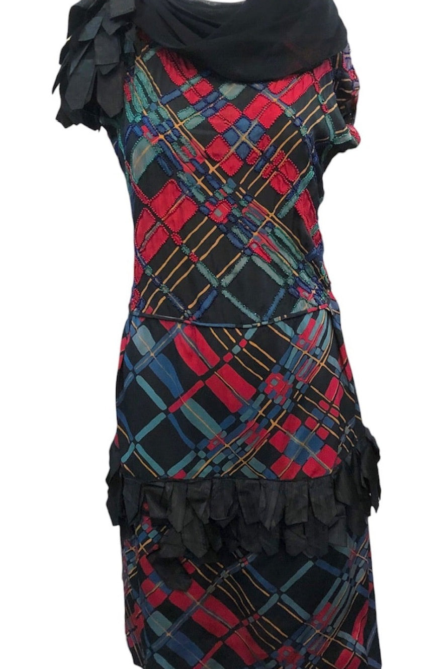 20s Flapper Plaid Beaded Chiffon Party Dress FRONT 1 of 6