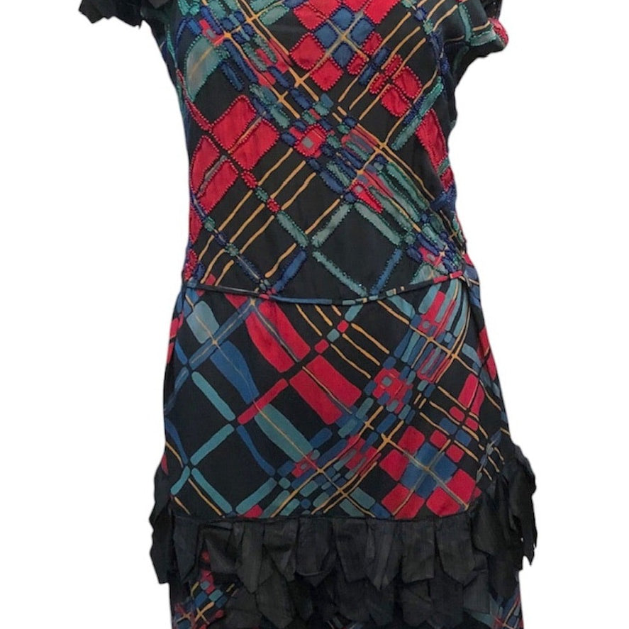 20s Flapper Plaid Beaded Chiffon Party Dress FRONT 1 of 6