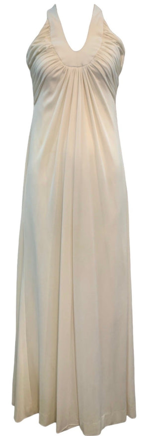 70s Unlabeled Cream  Poly Halter  Maxi Dres FRONT 1 of 4