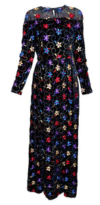 Oscar de la Renta  Boutique 70s Black Velvet Rainbow Floral Embroidered Gown FRONT 1 of 6