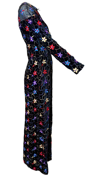 Oscar de la Renta  Boutique 70s Black Velvet Rainbow Floral Embroidered Gown SIDE 2 of 6